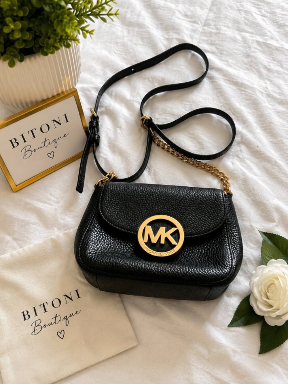 Michael Kors Black Leather Crossbody Bag | Gold Chain Accent | Pebbled Leather |